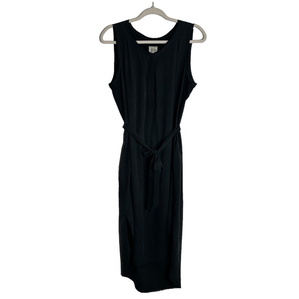 GO BY GO SILK Black Sleeveless Midi Dress with Waist Tie